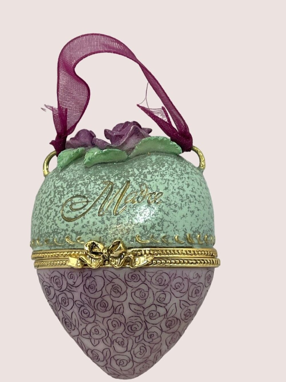 Heart-Shaped Ceramic Trinket Box Purple Rose Design & "Madre" Script Hinged Lid